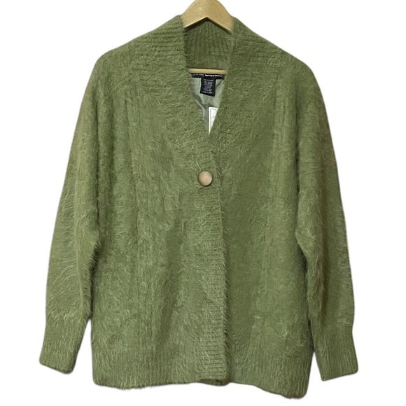 Lee Sands Angora Blend Cardigan OS Pea Green Single Button NWT Cozycore Vintage - Picture 2 of 9